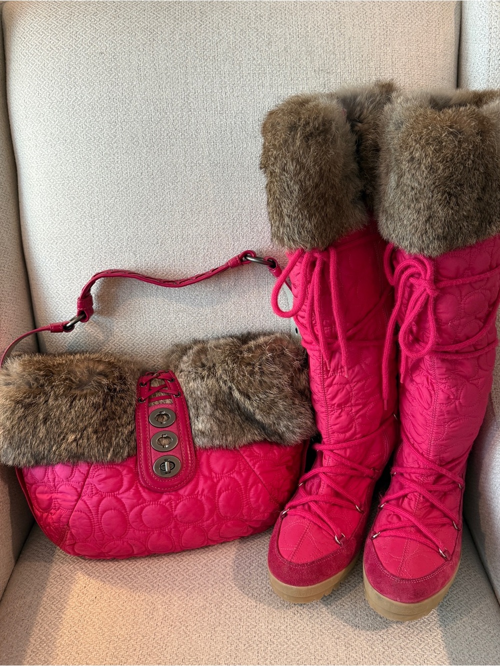 Coach Hot Pink Quilted Wedge Boots with Fur Trim